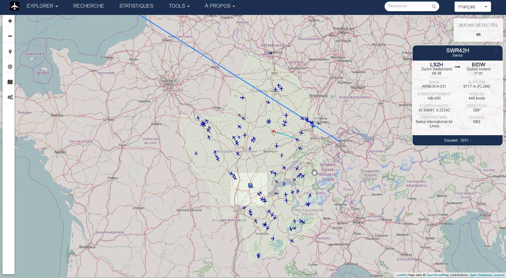 Screenshot of flights over France